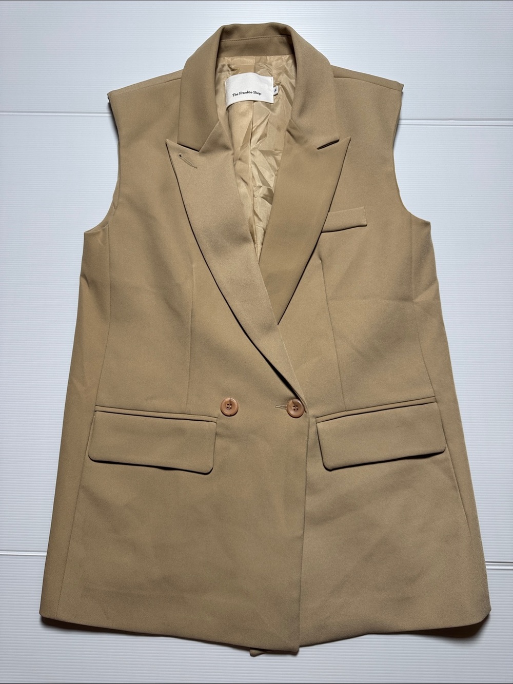 THE FRANKIE SHOP Double-Breasted Tailored Vest Long Line Sleeveless Jacket Tan M
